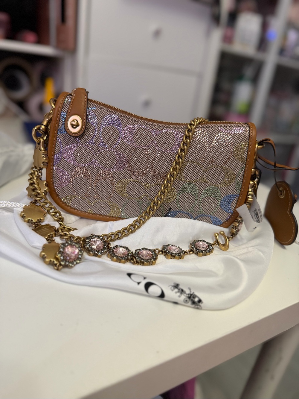 Coach Iridescent Crystal Signature Shoulder Bag with Tan Trim